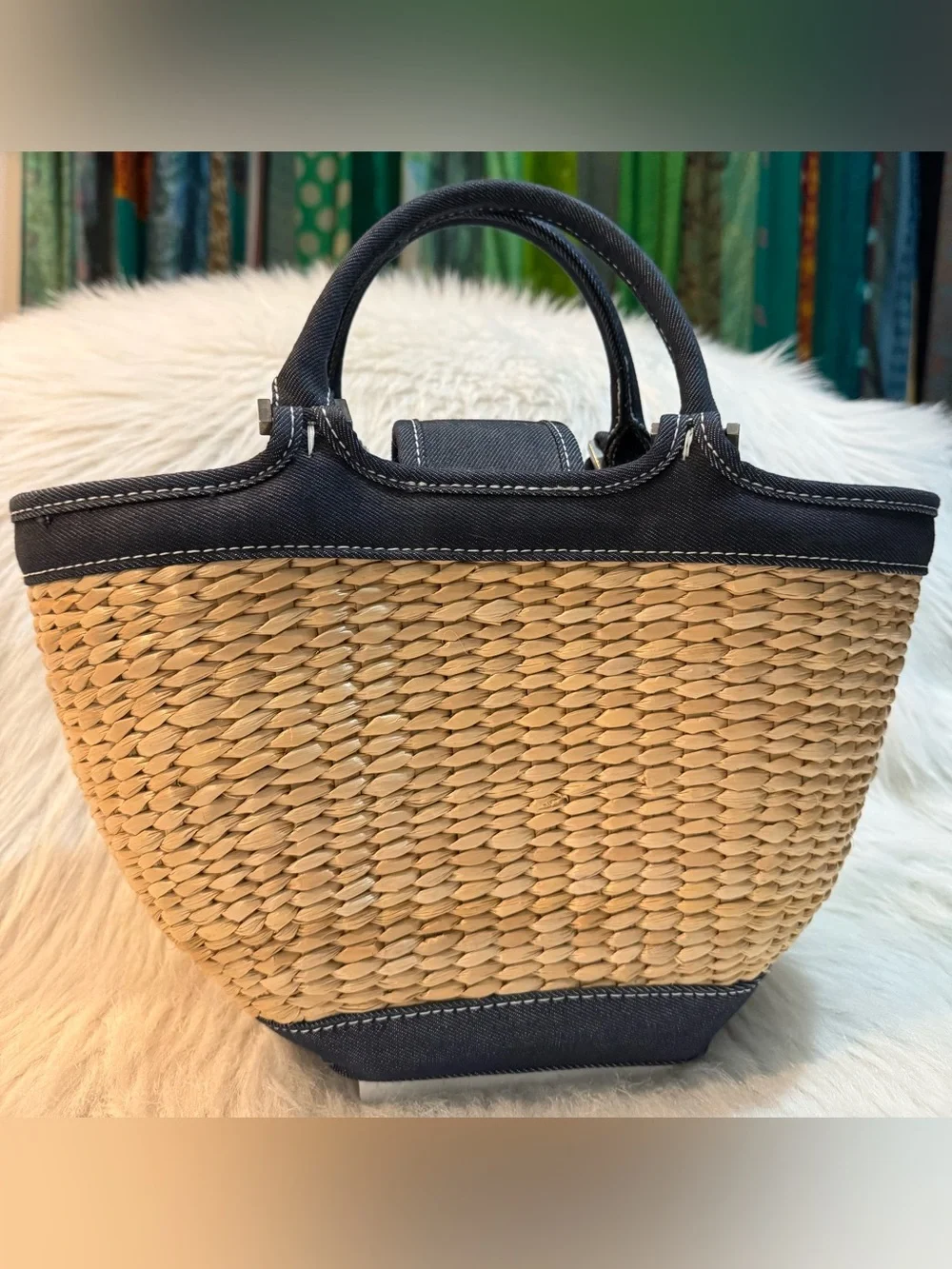 Bath & Body Works Denim & Raffia Small Satchel Tote Buckle Blue Natural GUC